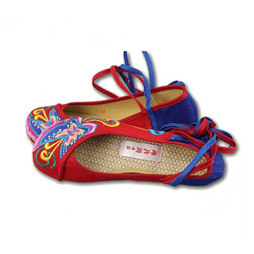 Butterfly Knot Embroidery Color Match National Wind Lace Up Strappy Flat Shoes