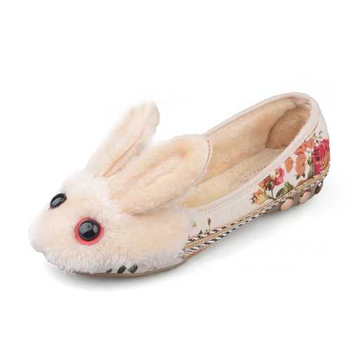Floral Rabbit Wool Fleece Lining Slip On Round Toe Flat Shoes