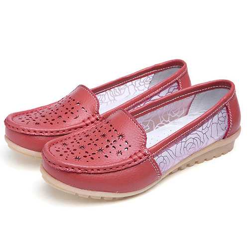 Women Hollow Out Slip On Casual Flat Shoes In Leather