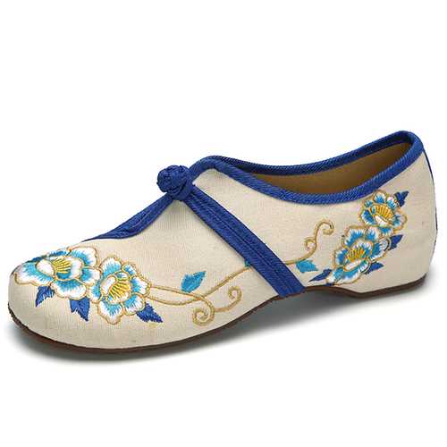Flower Embroidered Round Toe Buckle Folk Casual Flat Shoes