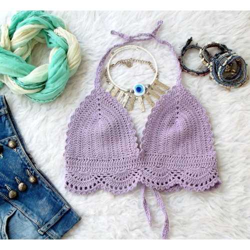Handmade Pink Crochet Boho Bralette Hippie Halter Top