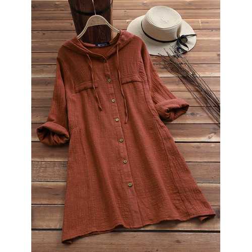Solid Color Drawstring Hooded Blouse