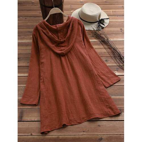 Solid Color Drawstring Hooded Blouse