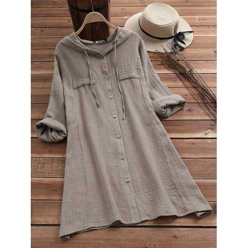 Solid Color Drawstring Hooded Blouse