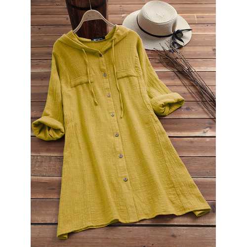 Solid Color Drawstring Hooded Blouse