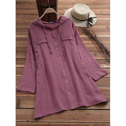 Solid Color Drawstring Hooded Blouse