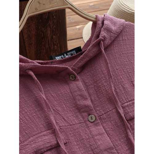 Solid Color Drawstring Hooded Blouse