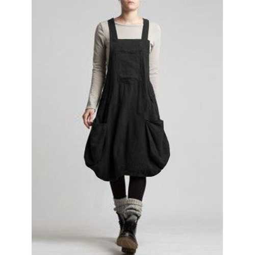 Vintage Pockets Straps Dress