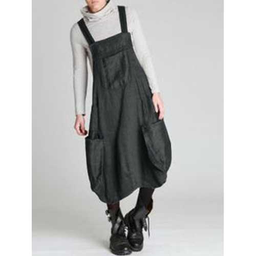 Vintage Pockets Straps Dress