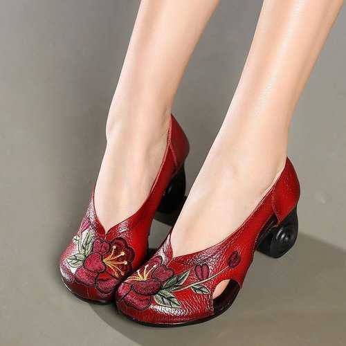 Flowers Embroidery Leather Hollow Pumps