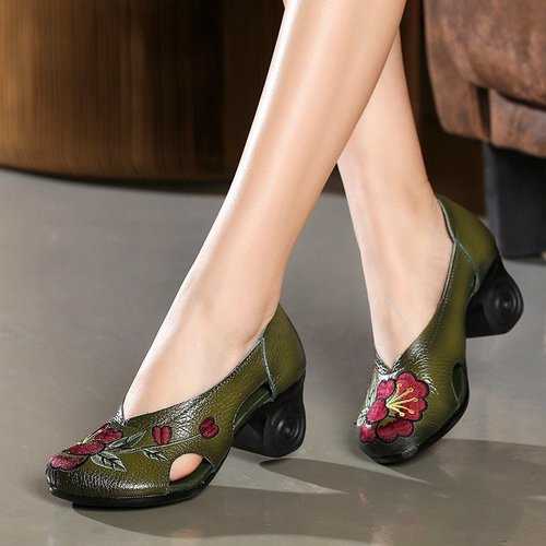 Flowers Embroidery Leather Hollow Pumps