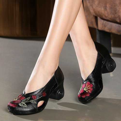 Flowers Embroidery Leather Hollow Pumps