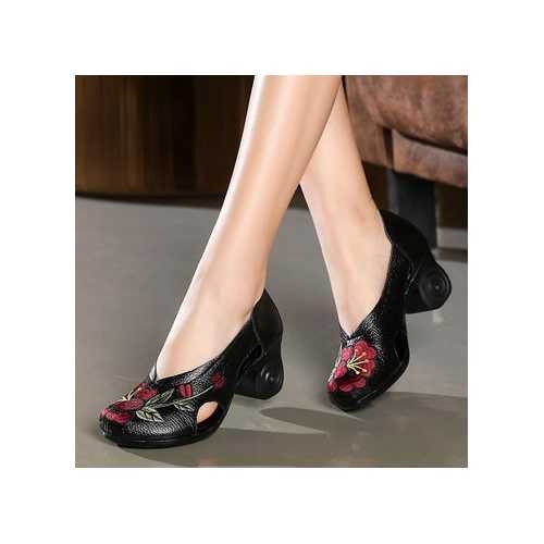 Flowers Embroidery Leather Hollow Pumps