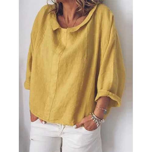 Solid Color Turn-down Collar Loose Blouse