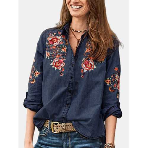 Embroidered Button Denim Blouse