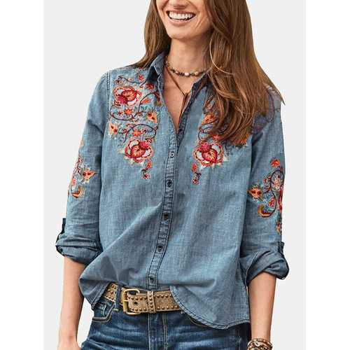 Embroidered Button Denim Blouse