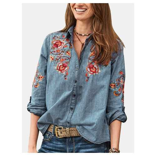 Embroidered Button Denim Blouse