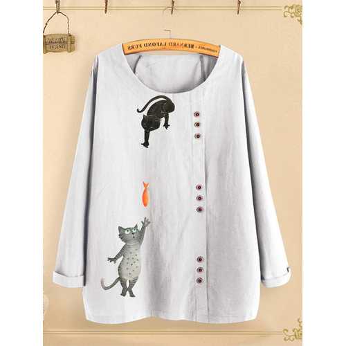 Button Cartoon Cat Print Blouse