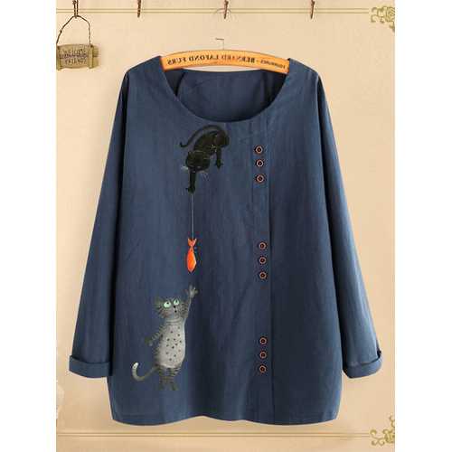 Button Cartoon Cat Print Blouse