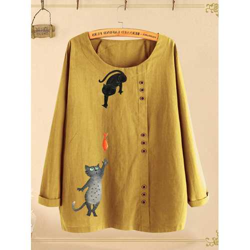 Button Cartoon Cat Print Blouse