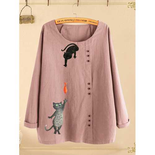 Button Cartoon Cat Print Blouse