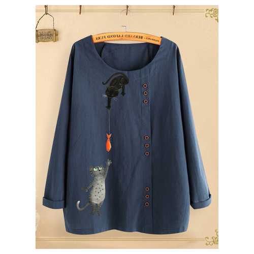 Button Cartoon Cat Print Blouse