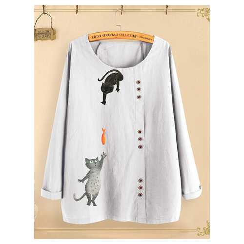 Button Cartoon Cat Print Blouse