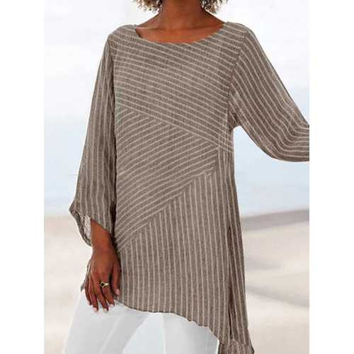 Striped Stitching Irregular Hem Blouse