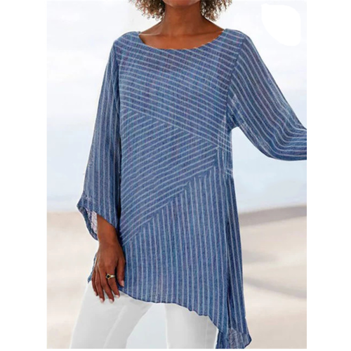 Striped Stitching Irregular Hem Blouse