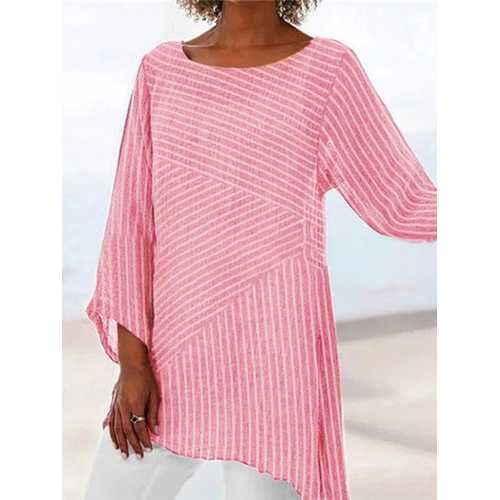 Striped Stitching Irregular Hem Blouse