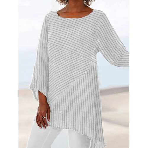 Striped Stitching Irregular Hem Blouse