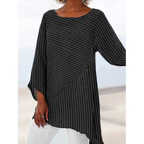 Striped Stitching Irregular Hem Blouse