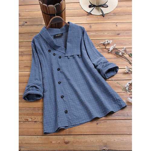 Button Plaid Print Lapel Blouse
