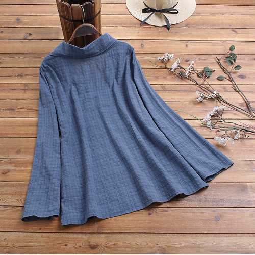 Button Plaid Print Lapel Blouse