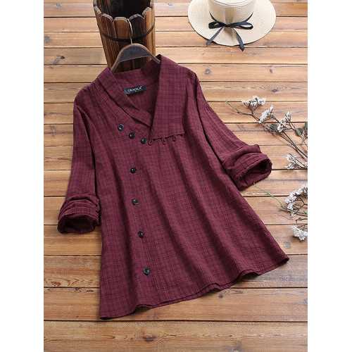 Button Plaid Print Lapel Blouse