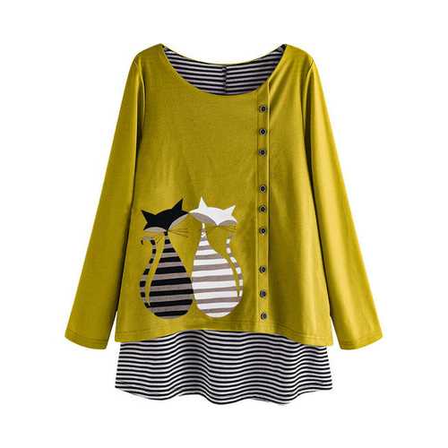 Stripe Fake Two Pieces Cartoon Blouse