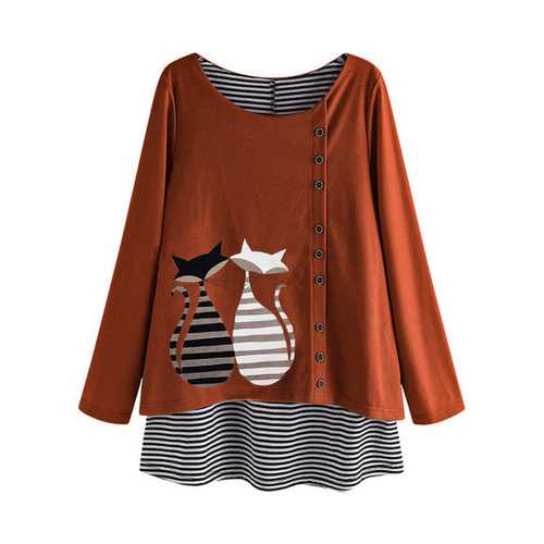Stripe Fake Two Pieces Cartoon Blouse