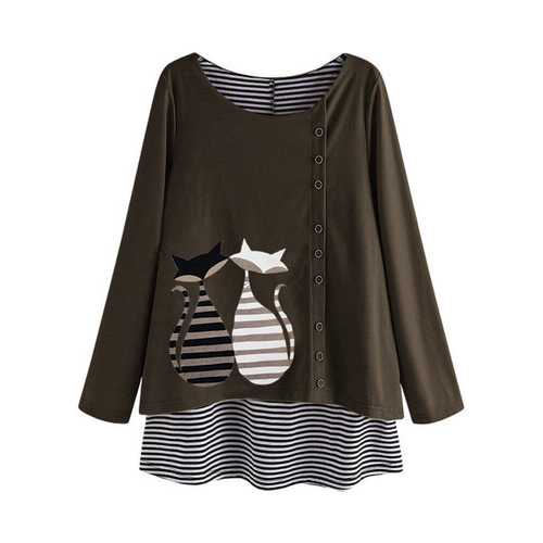 Stripe Fake Two Pieces Cartoon Blouse