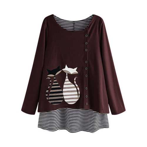 Stripe Fake Two Pieces Cartoon Blouse