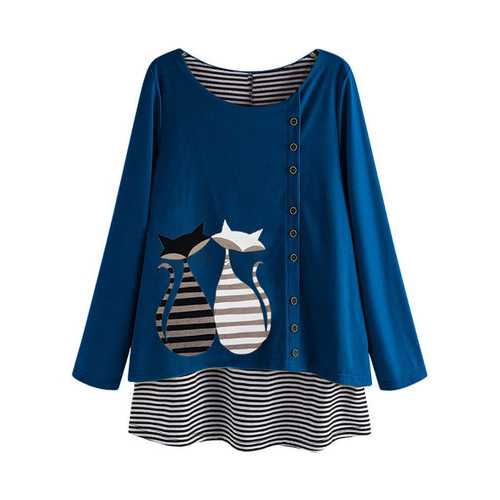 Stripe Fake Two Pieces Cartoon Blouse