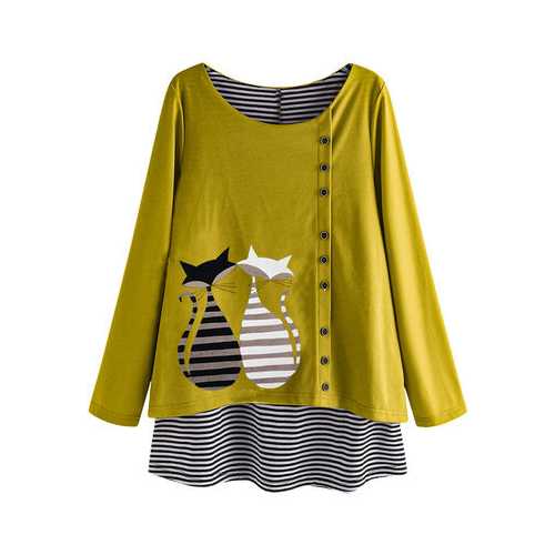 Stripe Fake Two Pieces Cartoon Blouse