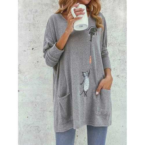 Cartoon Cat Print Pockets Blouse
