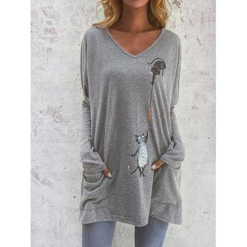 Cartoon Cat Print Pockets Blouse