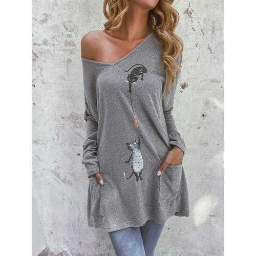 Cartoon Cat Print Pockets Blouse
