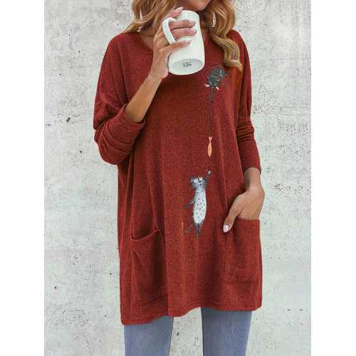 Cartoon Cat Print Pockets Blouse