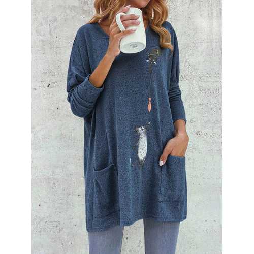 Cartoon Cat Print Pockets Blouse
