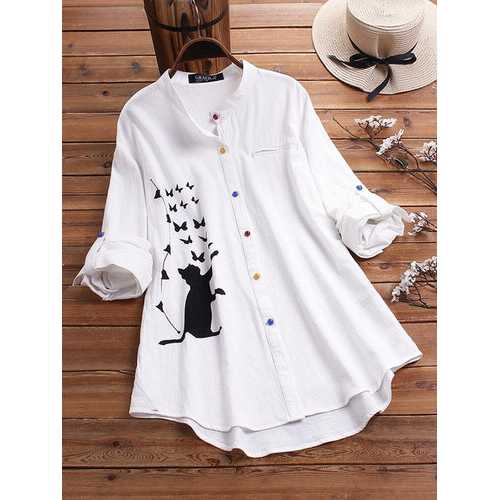 Cat Print Long Sleeve Blouse