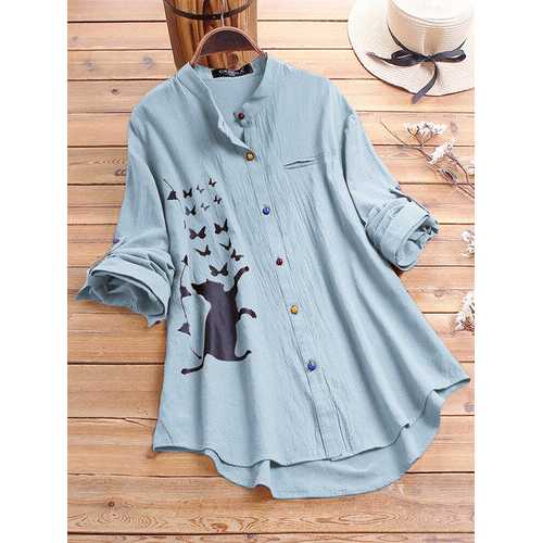 Cat Print Long Sleeve Blouse