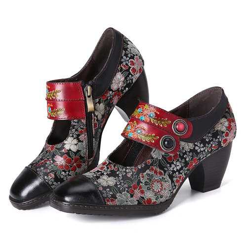 Retro Flower Leather Pumps