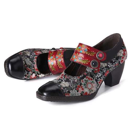 Retro Flower Leather Pumps